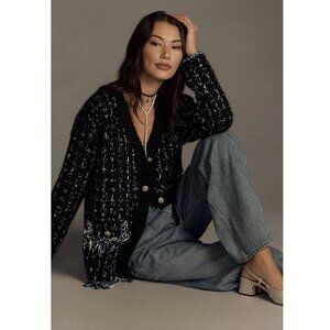 Anthropologie Tweed Fringe Cardigan Sweater / Small / Black Relaxed V-Neck